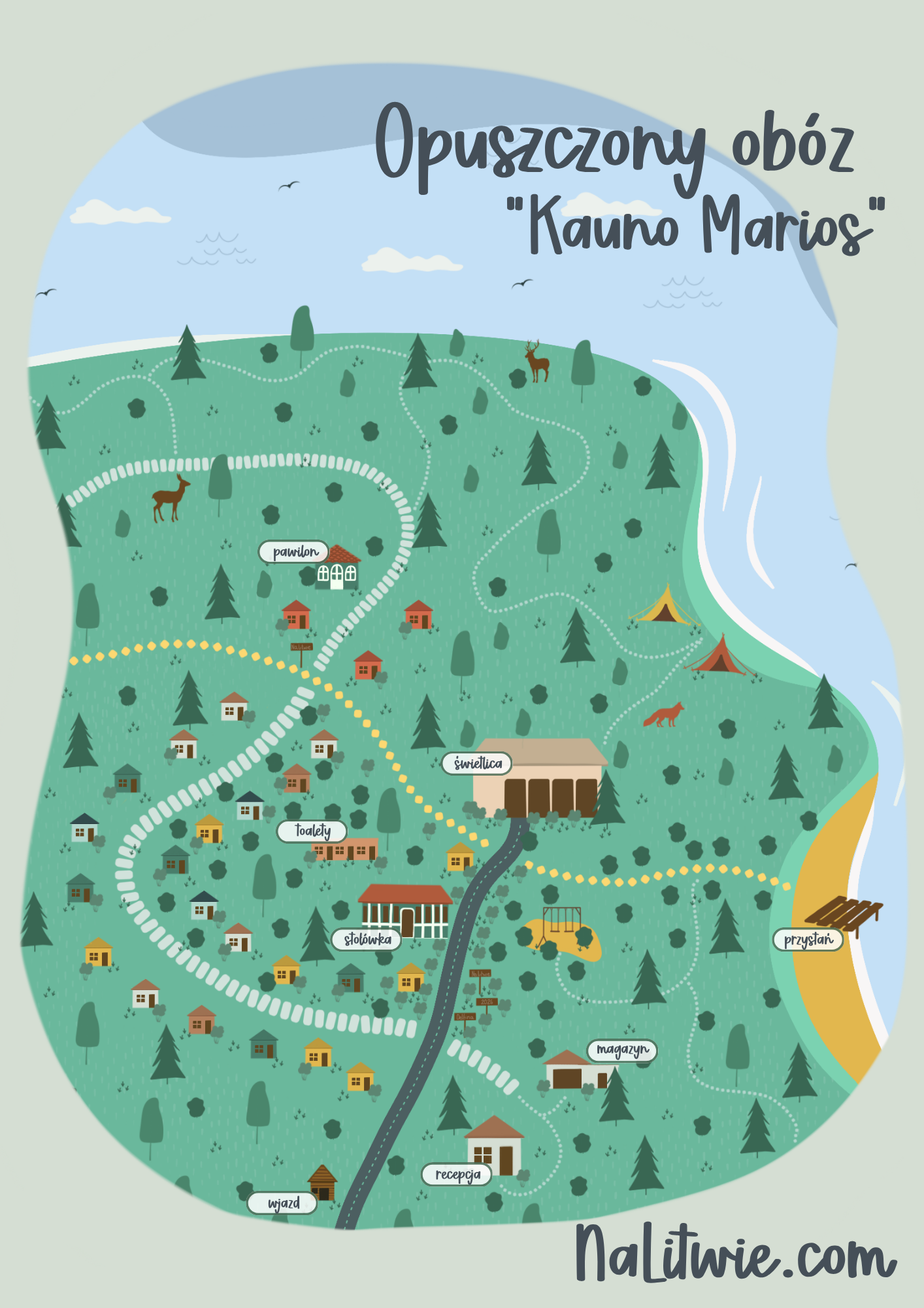 Mapa opuszczonego obozu "Kauno Marios" nad Morzem Kowieńskim z zaznaczonymi najważniejszymi punktami obozu.